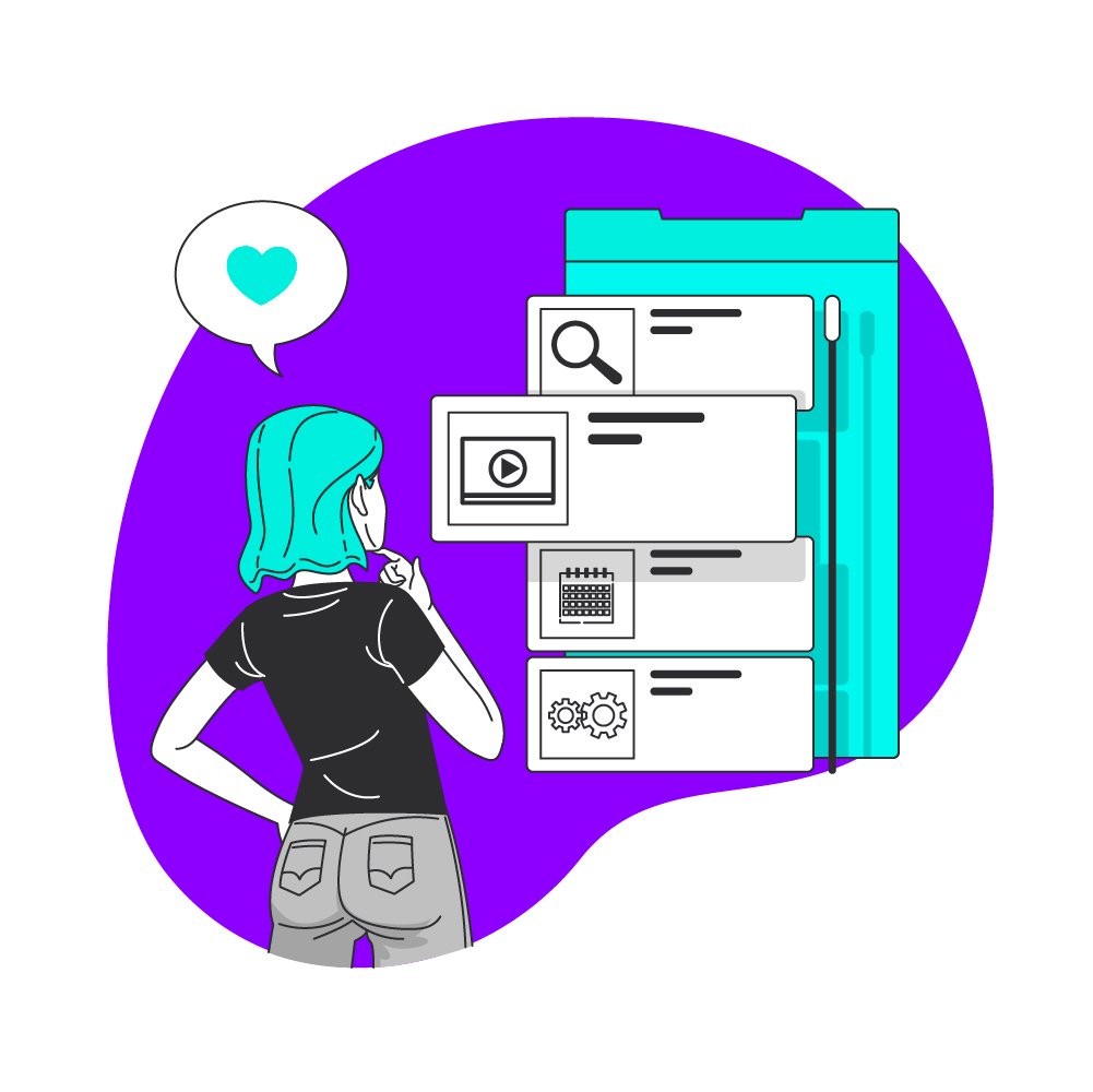 Illustration of a marketer analyzing different online advertising channels on screen, including search ads, video and display formats.