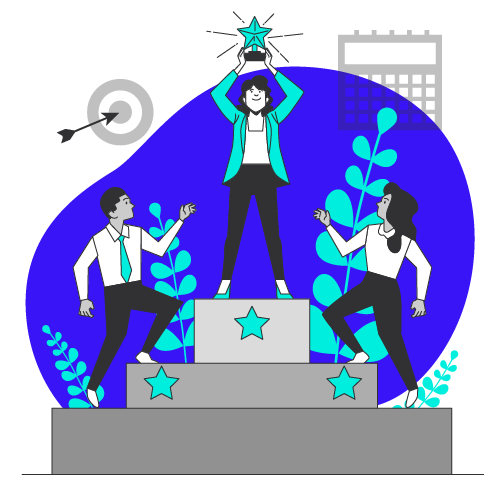 Illustration of a team celebrating SEA campaign success using data insights to achieve top performance in SaaS marketing.