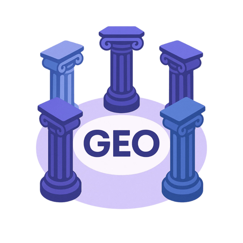 5 Pillars represeting the Five Important Pillars of Generative Engine Optimisation with the word GEO in the middle.