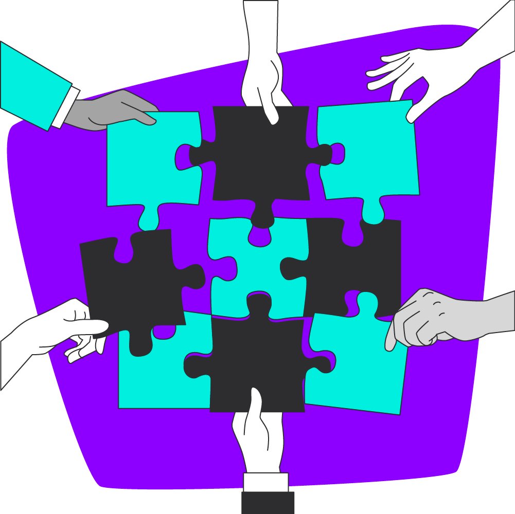 Illustration of collaboration showing multiple hands assembling puzzle pieces, symbolizing strategic SEA outsourcing for SaaS companies.