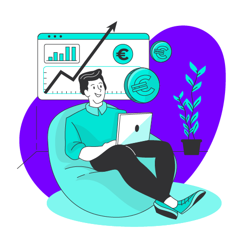 Illustration of a SaaS marketer analyzing SEA performance data with rising conversion graph and ROI indicators on laptop.